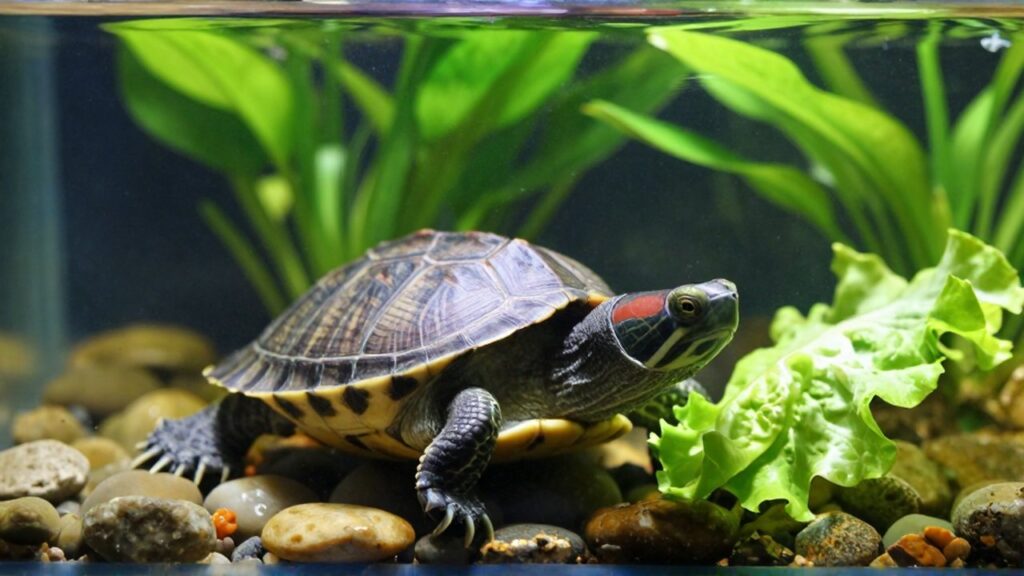 Una tortuga de orejas rojas nada hacia un trozo de lechuga en un acuario con plantas y piedras.