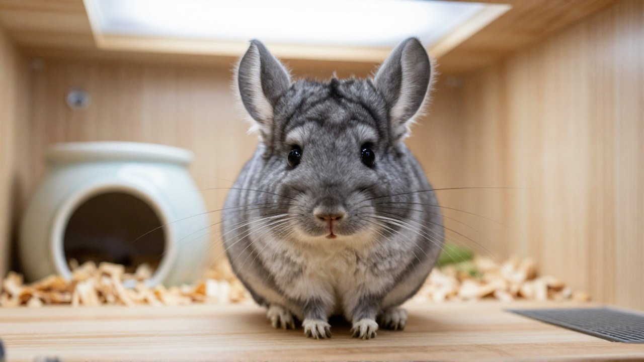Primer plano de un chinchilla sobre madera dentro de su hábitat con virutas y ventilación.