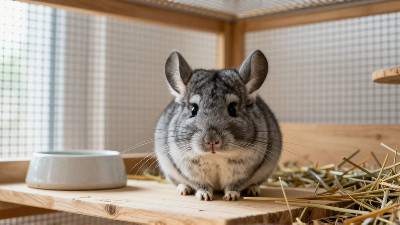 Un chinchilla alerta sobre una plataforma de madera dentro de un recinto espacioso y ventilado.