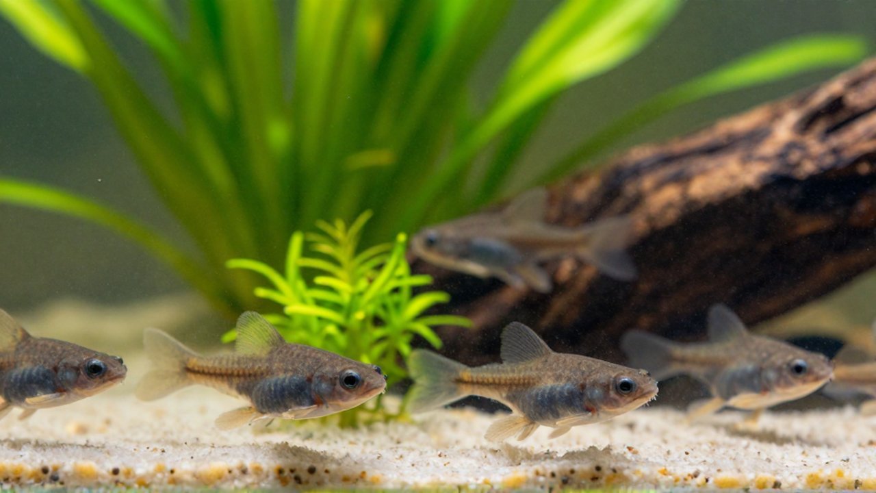 Pequeños renacuajos translúcidos nadan entre plantas acuáticas y madera en un acuario limpio durante su alimentación.