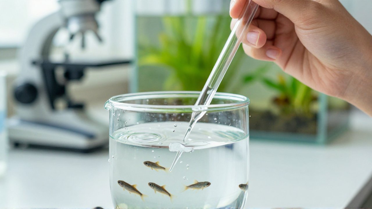 Una mano añade agua con una pipeta a un pequeño acuario con renacuajos y plantas.