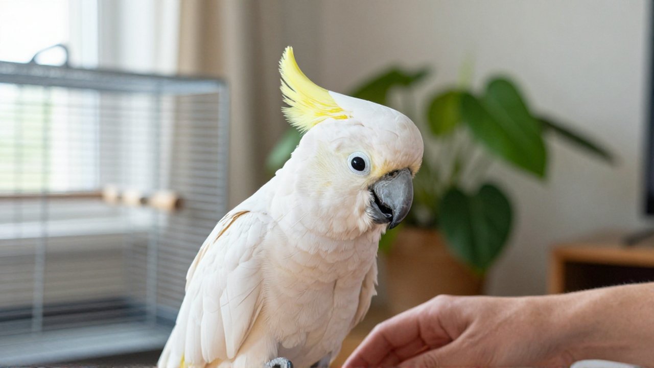 Cacatúa crestada con las plumas erizadas y mirada alerta junto a una mano humana tranquilizadora.