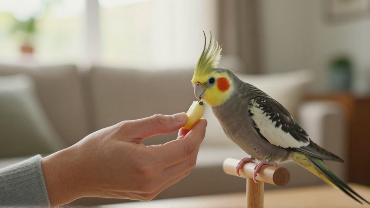 Una mano ofrece con cuidado un trozo de fruta a un pequeño cacatúa curioso.