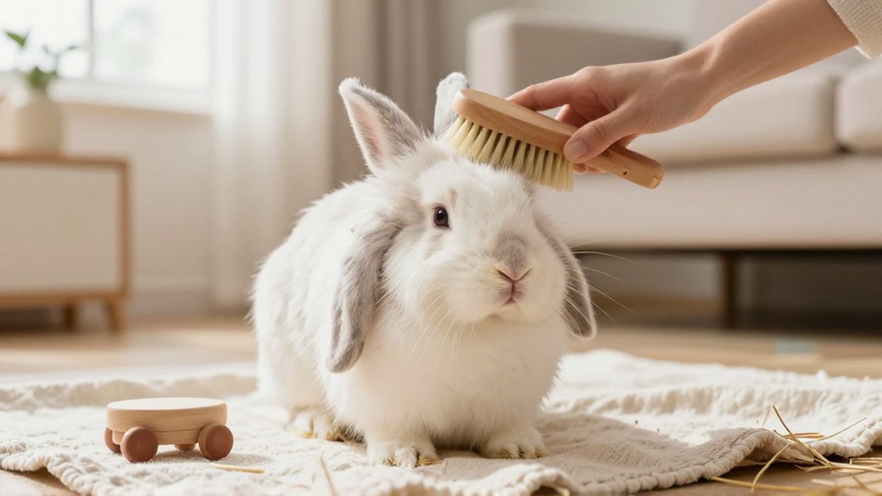 Unas manos cepillan suavemente el pelaje de un conejo Holland Lop en una acogedora sala iluminada.