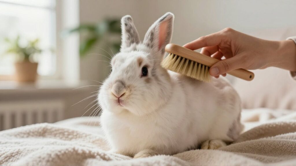 Unas manos cepillan con suavidad el pelaje de un conejo Holland Lop sobre una manta.