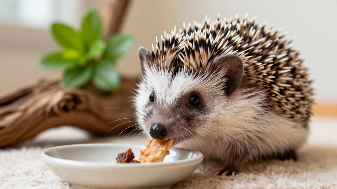 Un erizo africano pequeño come proteína de un plato cerámico sobre un sustrato de tela.