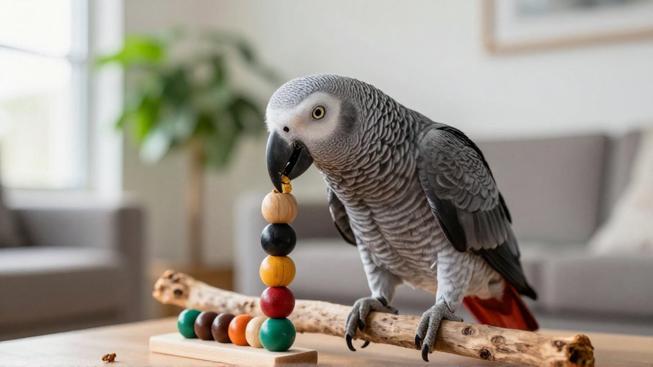 Loro gris africano manipulando con su pico un juguete de madera en una sala iluminada.