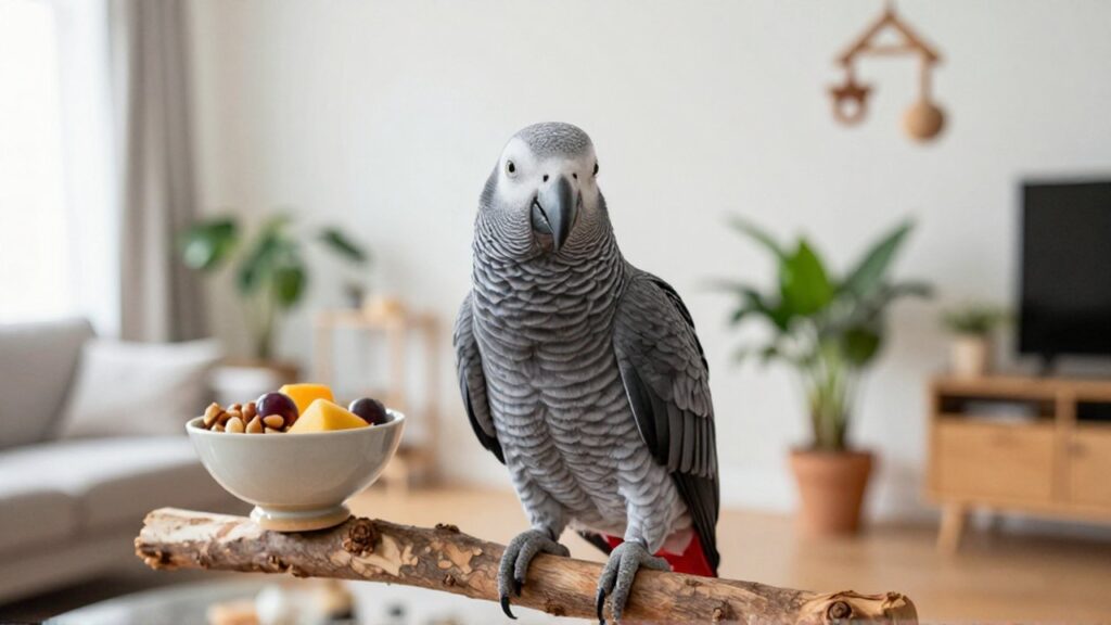 Loro gris africano con cola roja posado en una rama de madera dentro de un hogar iluminado.