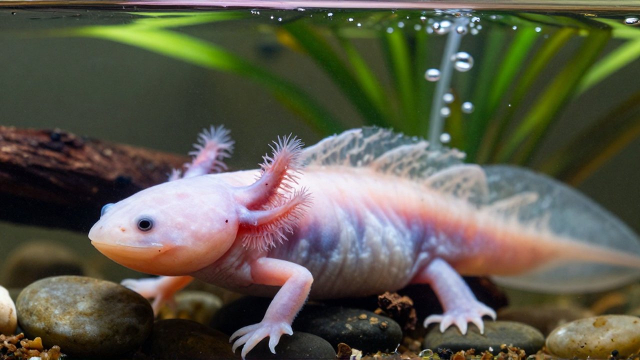Axolote rosado con branquias caídas descansando inmóvil en el fondo de un acuario con plantas.