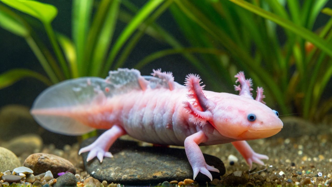 Axolote mexicano de color rosa pálido nadando tranquilamente entre plantas acuáticas verdes.