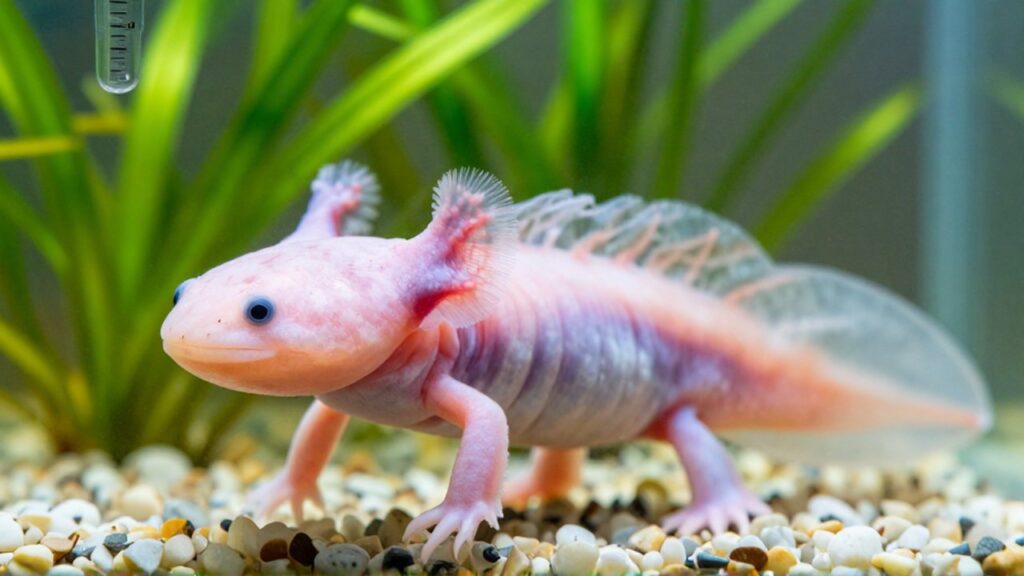 Un axolote rosado nada tranquilamente en un acuario limpio rodeado de plantas acuáticas verdes.