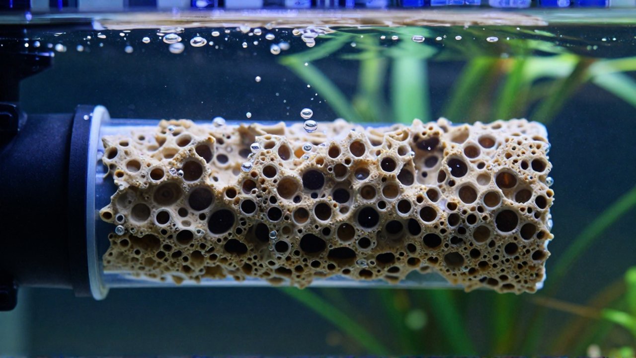 Primer plano macro de medios cerámicos porosos con burbujas de oxígeno en un filtro de acuario.