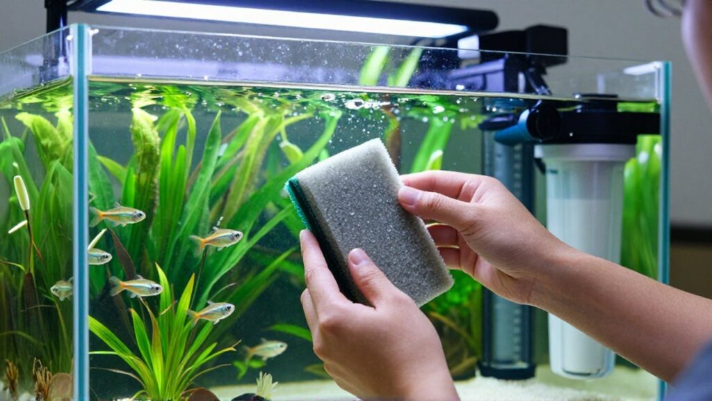 Manos de un acuariofilo inspeccionando filtros de esponja y canister junto a un acuario plantado.