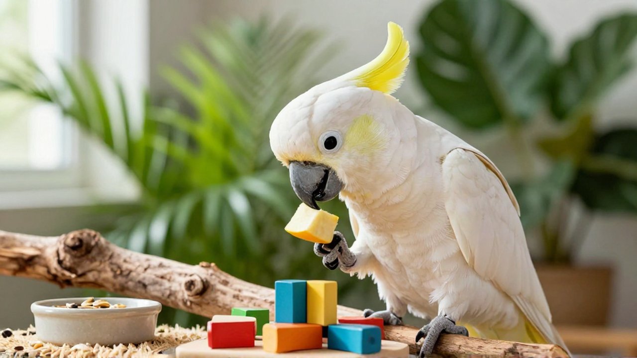 Un cacatúa blanco manipula un juguete de madera con su pico sobre una rama natural.