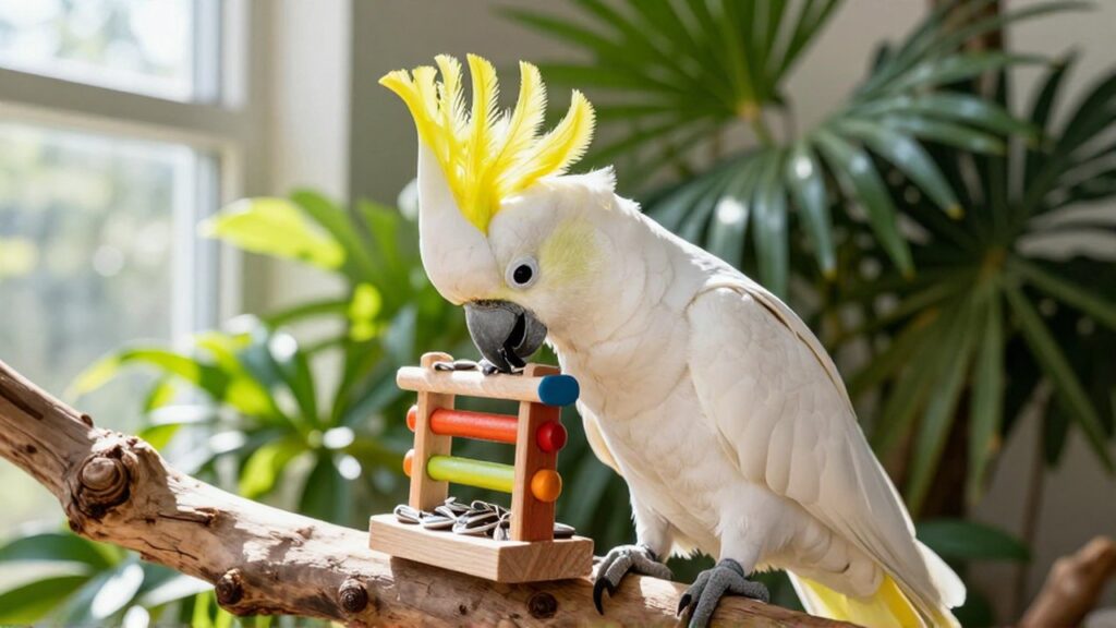 Un cacatúa blanco con cresta amarilla manipula un juguete de madera en un aviario iluminado.