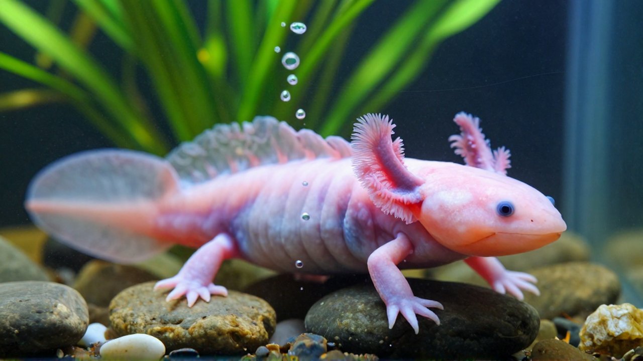 Un axolote de color rosado descansa sobre una piedra en un acuario con plantas verdes.