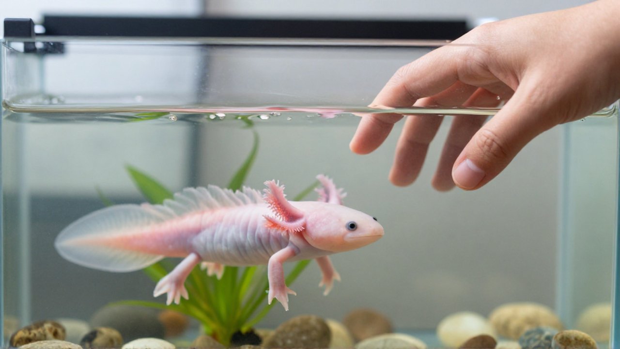 Una mano se acerca suavemente a un acuario donde nada un ajolote rosado.