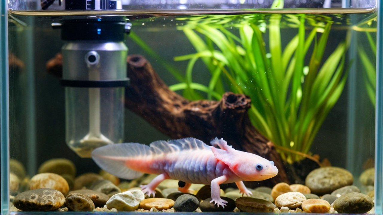 Un axolote nada en un acuario limpio con plantas verdes y madera decorativa.