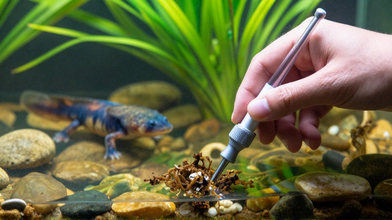 Unas manos limpian con un sifón el fondo de un acuario con plantas y un ajolote.