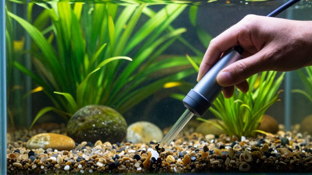 Manos limpiando el sustrato de un acuario plantado con un sifón especializado.
