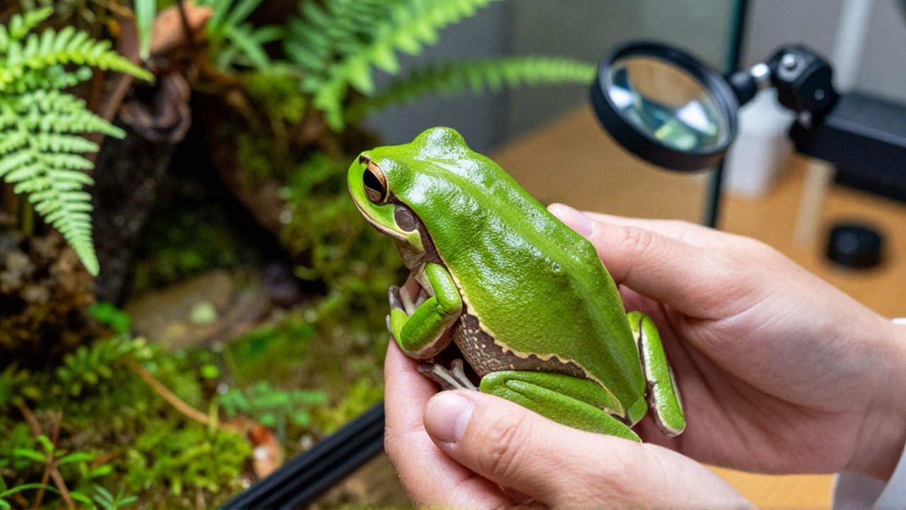 Un investigador sostiene con cuidado una rana verde brillante para examinarla en un laboratorio de herpetología.