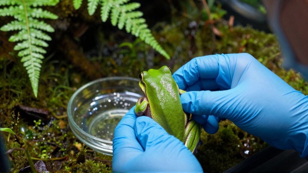 Manos con guantes azules sostienen una rana verde para su inspección científica entre vegetación húmeda.