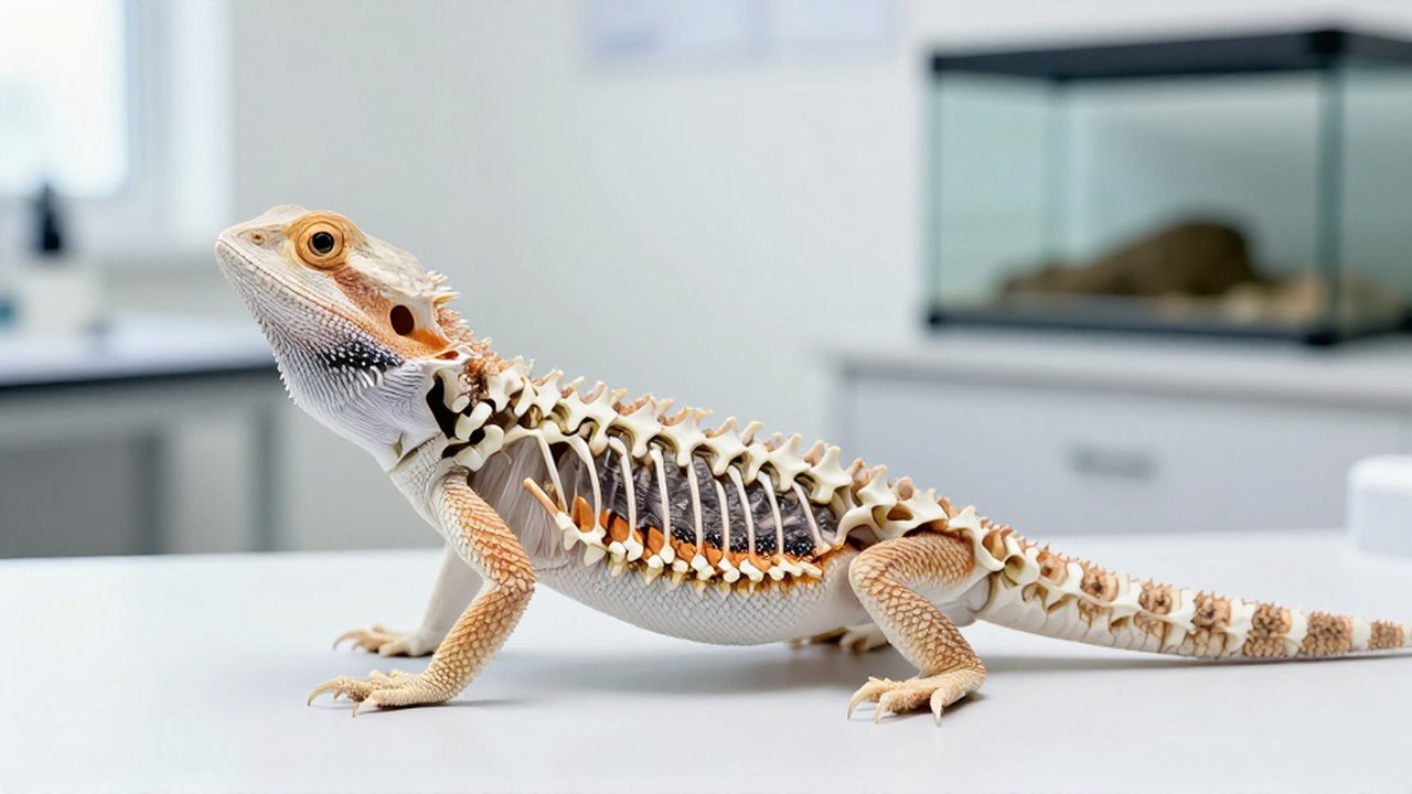 Modelo 3D traslúcido del esqueleto de un dragón barbudo superpuesto sobre su cuerpo real en un laboratorio.