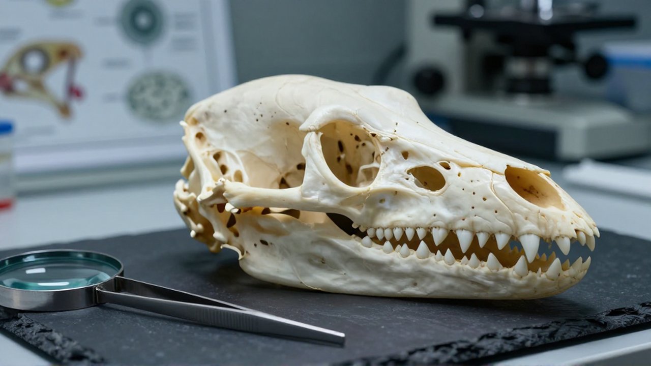 Cráneo de reptil detallado con pinzas y lupa sobre una mesa de laboratorio oscura.
