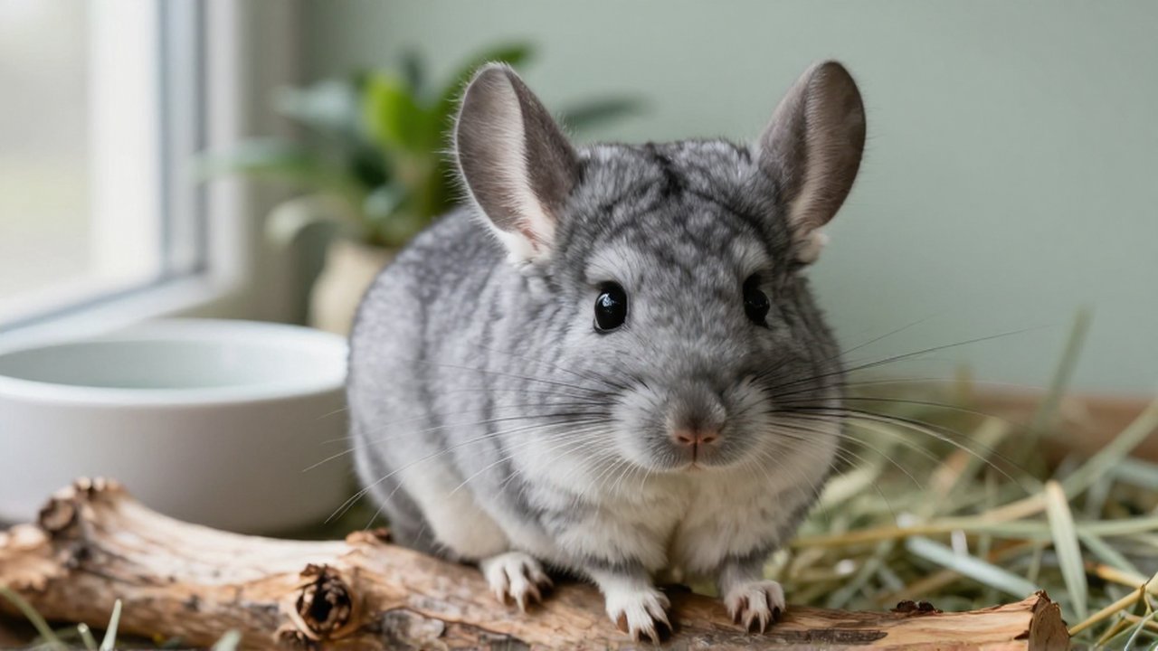 Primer plano de un chinchilla de pelaje gris sobre una rama en un hábitat cuidado.
