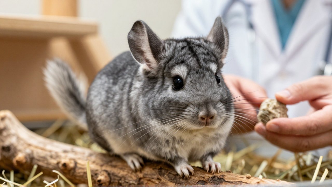 Chinchilla alerta sobre una rama de madera en un recinto con un bloque mineral al fondo.