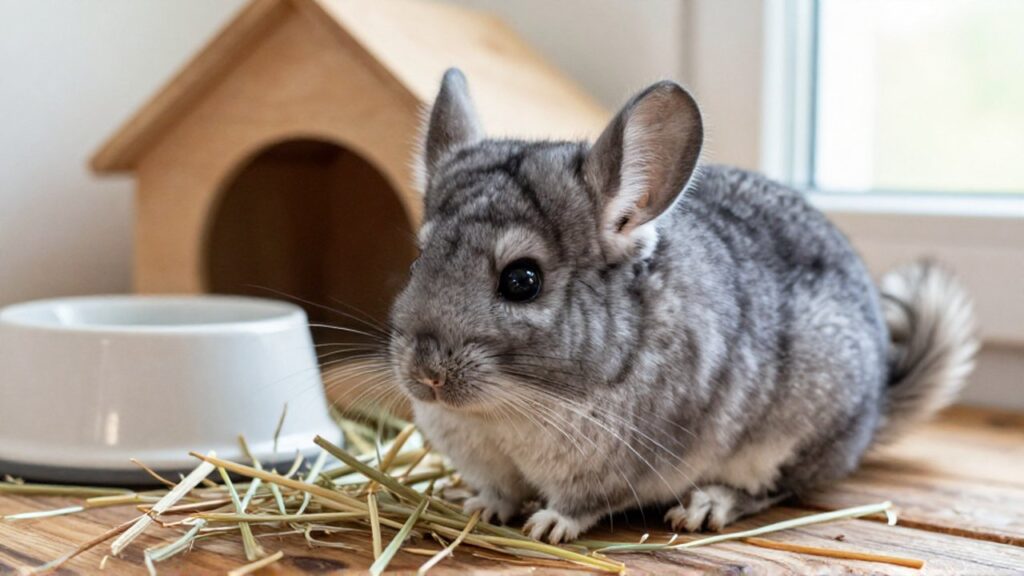 Un chinchilla de pelaje gris junto a heno sobre una superficie de madera.