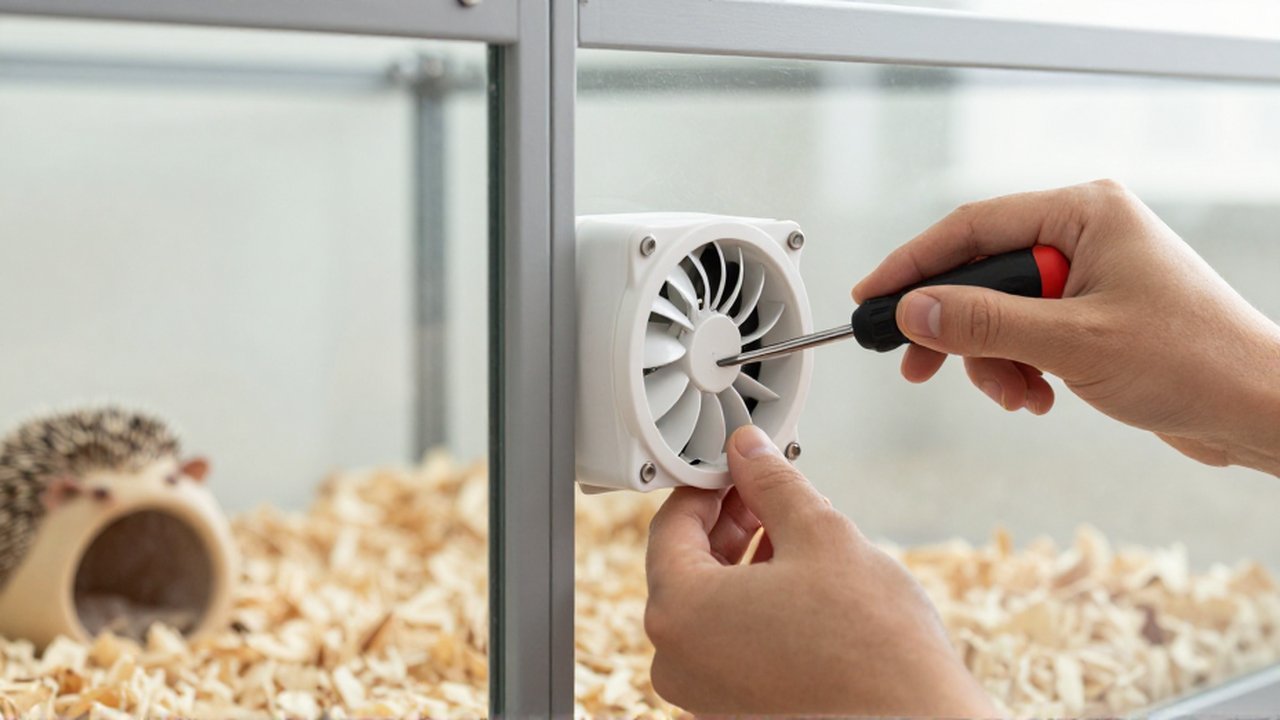 Unas manos instalan con un destornillador un pequeño ventilador en un recinto de cristal para erizos.