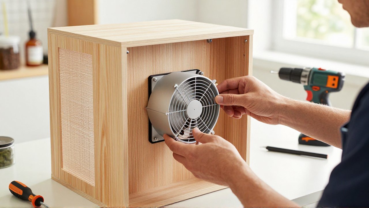 Manos de un técnico instalando un ventilador de extracción en un terrario de madera.