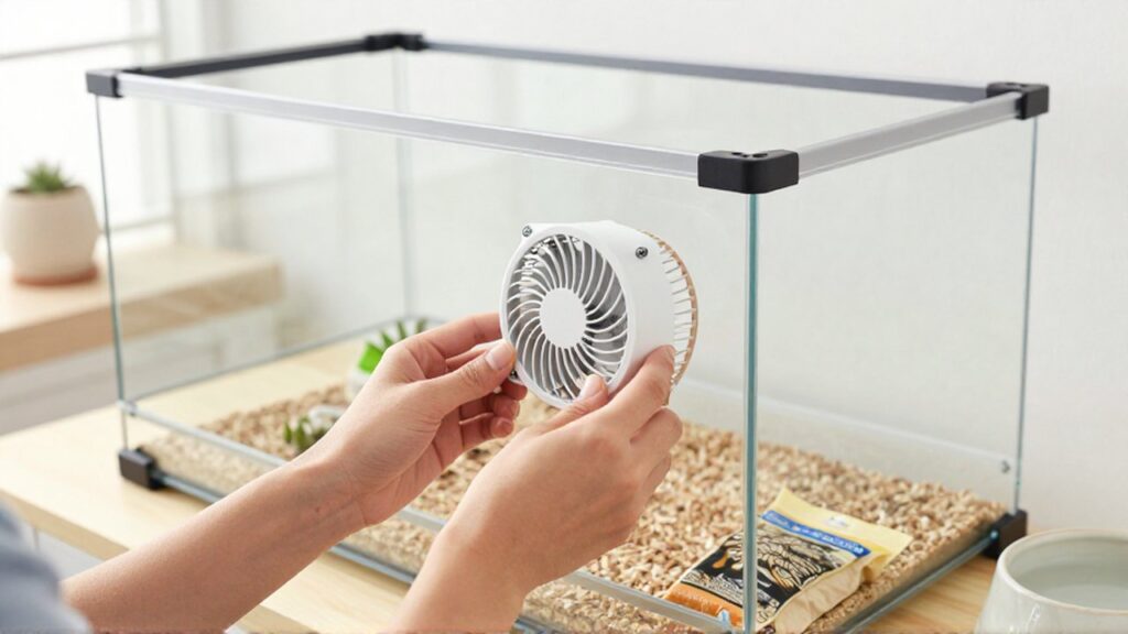 Manos instalando un ventilador silencioso en la parte superior de un terrario de cristal para erizos.