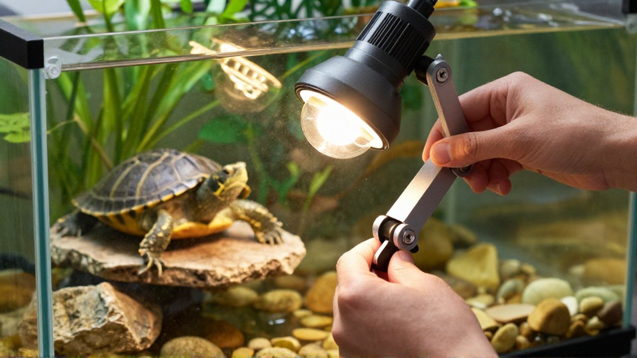 Unas manos ajustan una lámpara de calor sobre el terrario de una tortuga acuática.