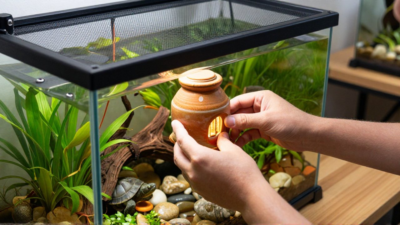 Manos instalando con cuidado una lámpara de calor sobre la rejilla de un terrario acuático.