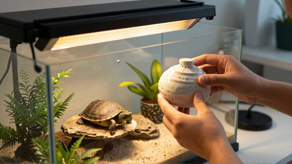 Unas manos ajustan las lámparas de calor y UVB sobre el terrario de una tortuga acuática.