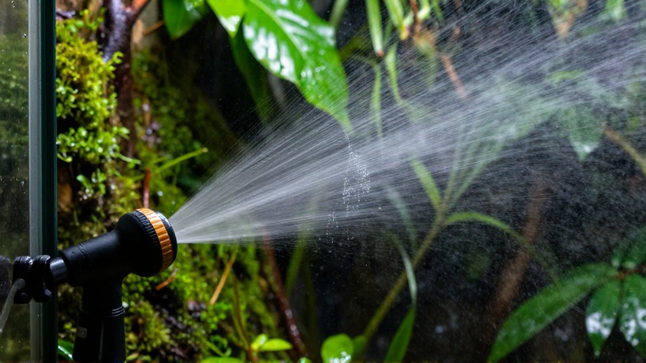 Boquilla de nebulización rociando una fina bruma sobre plantas tropicales en un terrario húmedo.