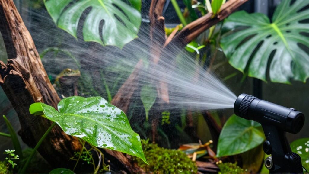 Boquilla de un sistema de nebulización rociando agua fina sobre el musgo y follaje de un terrario tropical.