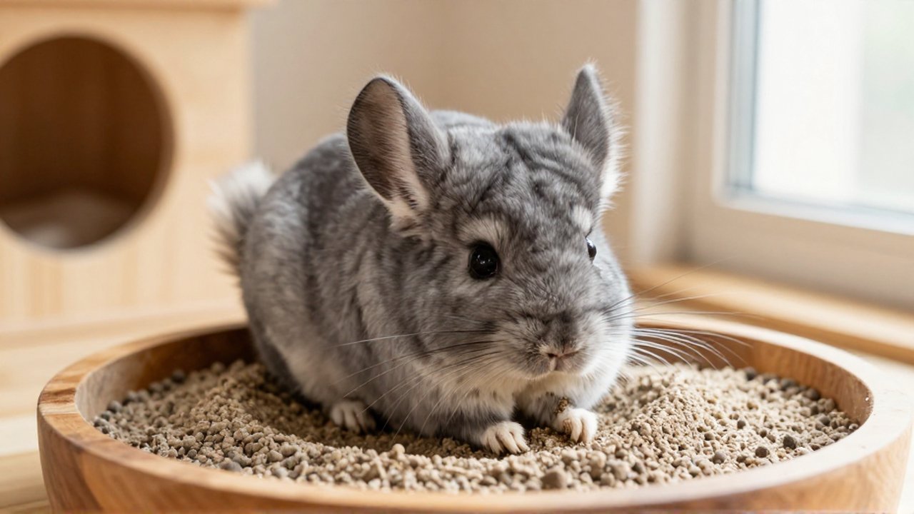 Un chinchilla de pelaje gris se revuelca con entusiasmo en un cuenco de arena volcánica.