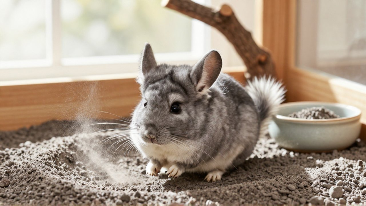 Un chinchilla de pelaje esponjoso se revuelca en polvo de ceniza volcánica dentro de su terrario.