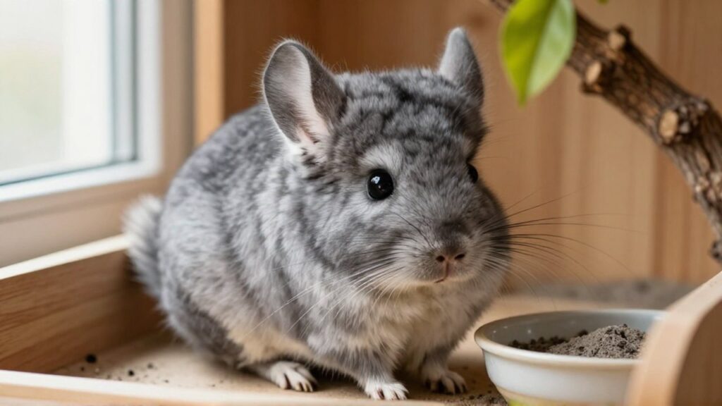 Un chinchilla gris y esponjoso sentado en un recinto de madera junto a un cuenco de arena.