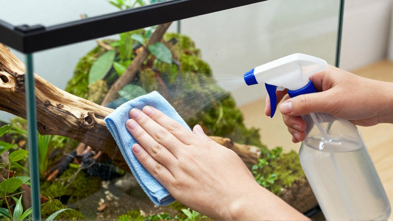 Manos limpiando y desinfectando un terrario de cristal con un paño y un pulverizador.