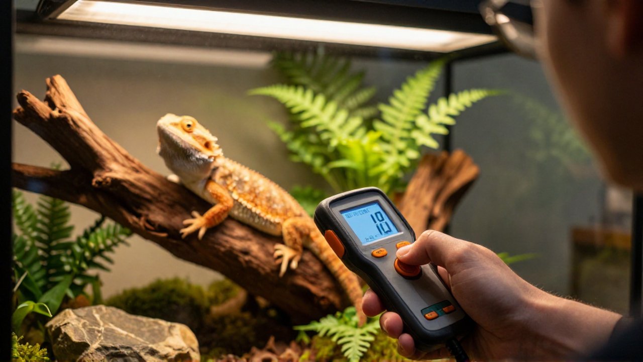 Una mano usa un luxómetro para medir la intensidad de luz junto a un dragón barbudo en su terrario.