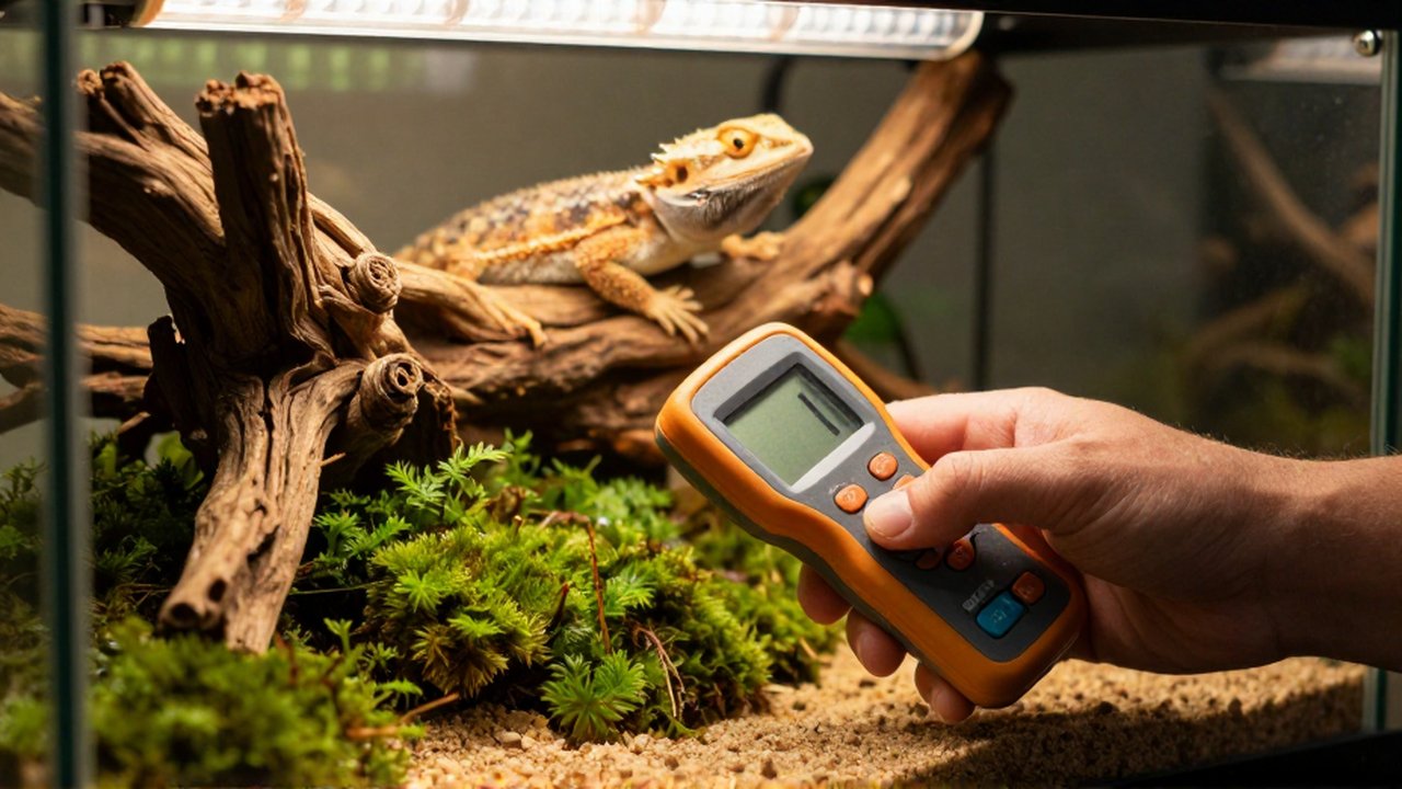 Una mano utiliza un luxómetro para medir la intensidad de luz en un terrario con un bearded dragon.