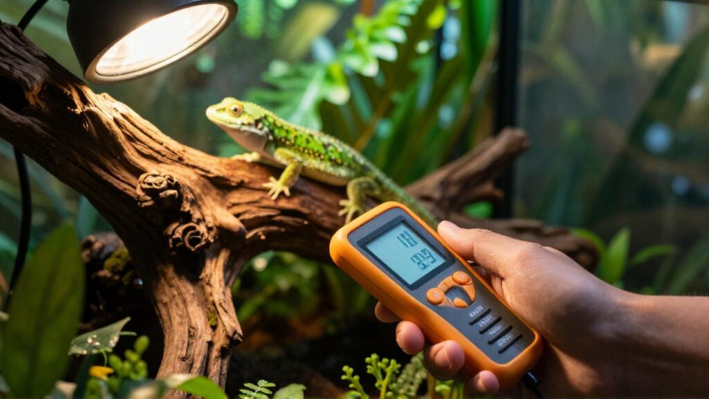 Una mano usa un luxómetro digital para medir la luz en un terrario tropical con un pequeño gecko.
