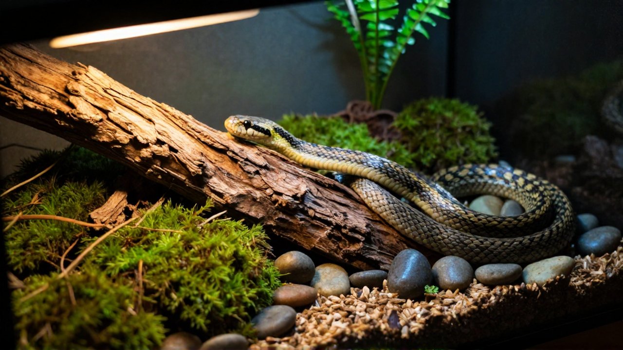 Una serpiente de maíz se desliza por un terrario bioactivo con una zona cálida y una fresca.