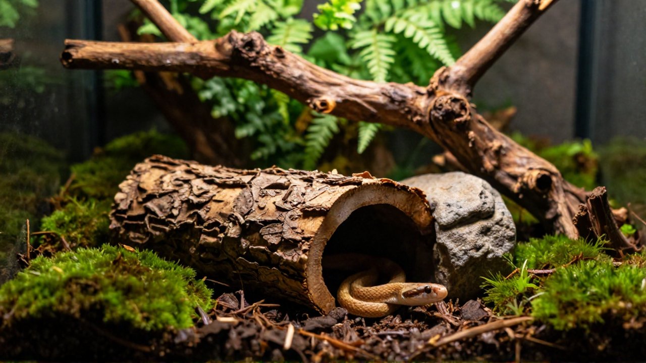 Terrario naturalista con corteza de corcho, piedras y vegetación verde sobre un sustrato de bosque.