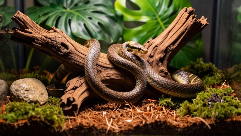 Una serpiente de maíz se enrosca en una rama dentro de un terrario bioactivo lleno de vegetación.