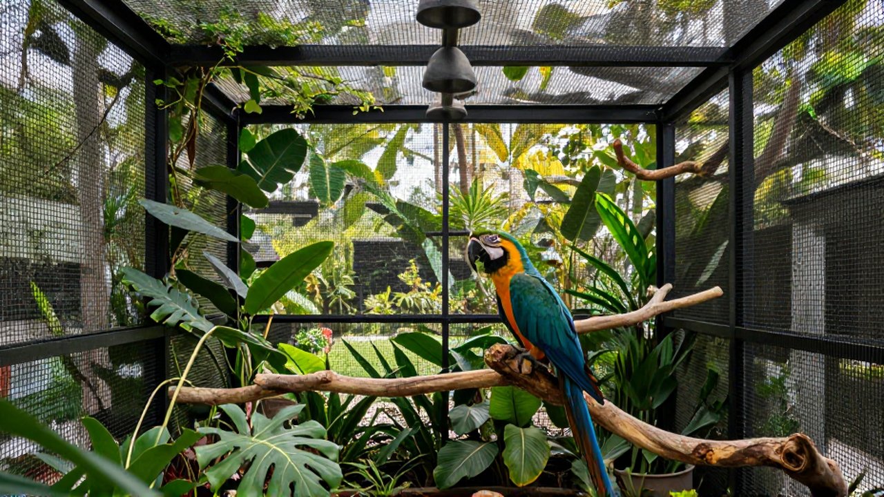 Un guacamayo colorido posado en una rama de madera dentro de un amplio aviario con vegetación tropical.